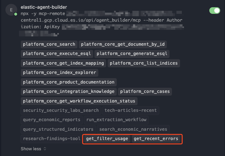 Cursor MCP panel showing the get_filter_usage and get_recent_errors tools available from the Elastic Agent Builder server