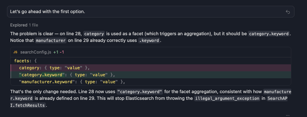Cursor proposing the fix that changes category to category.keyword in the ES|QL query