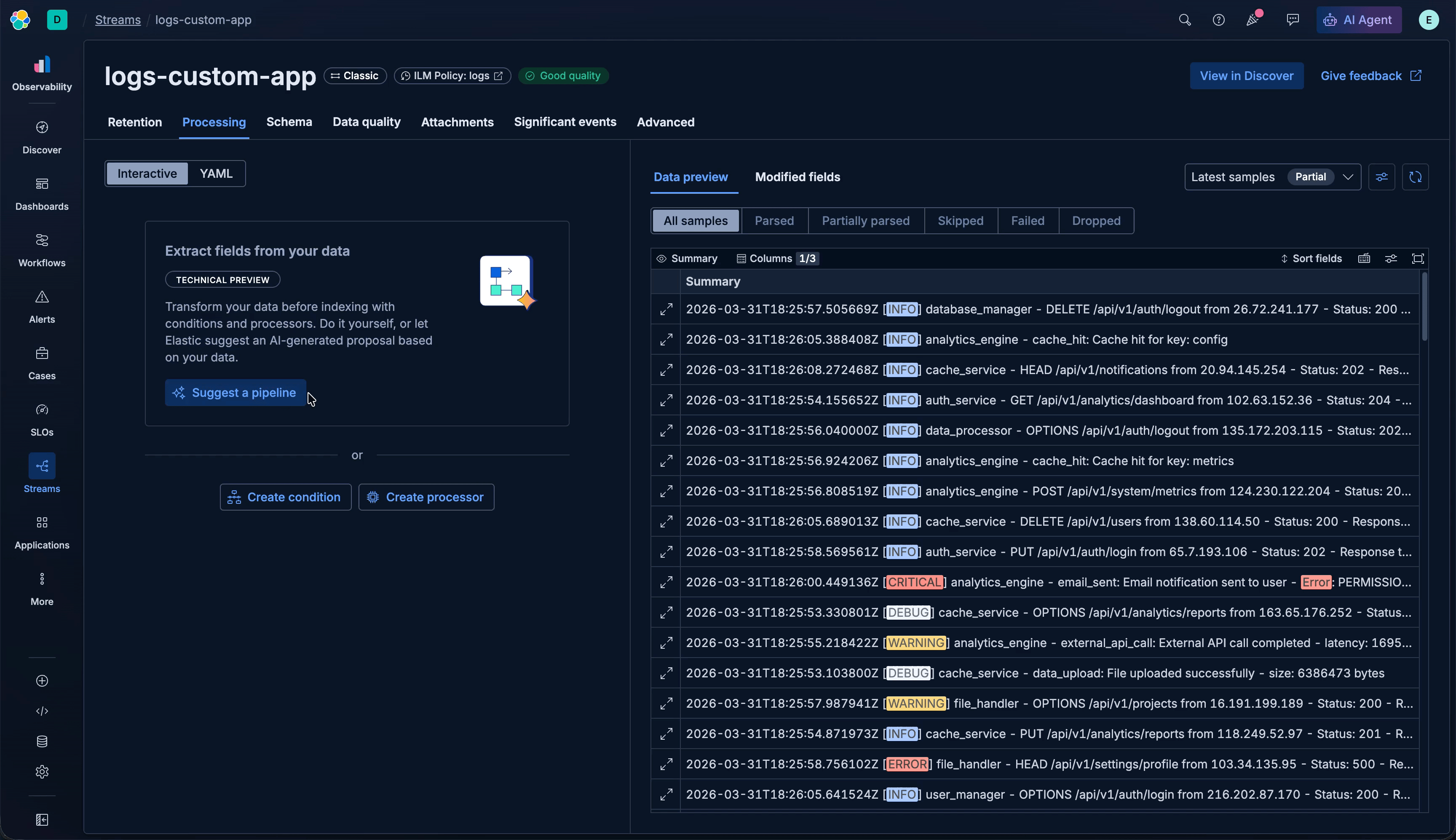 Streams pipeline generation in Kibana