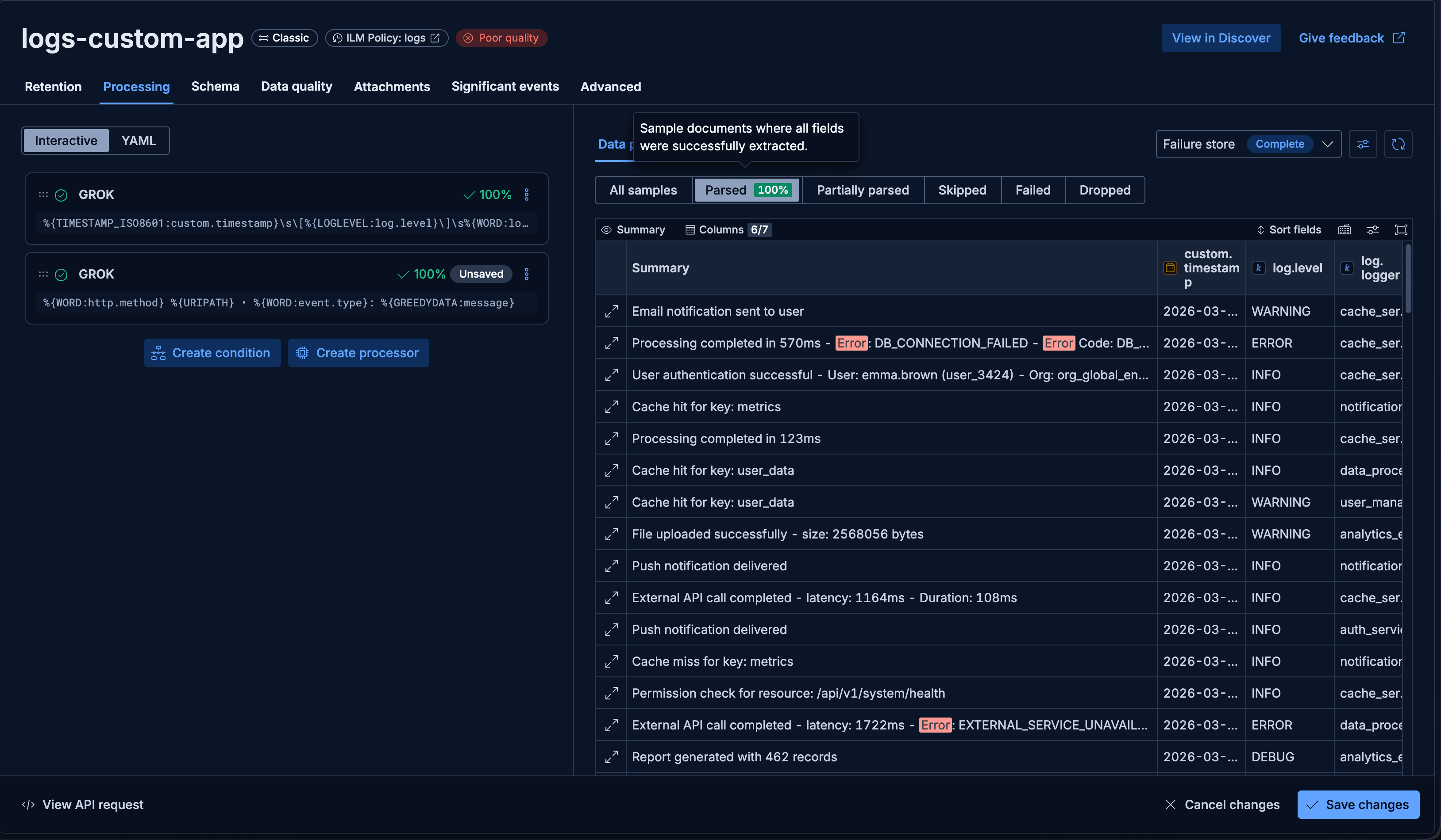 Pipeline editor showing successful parsing against failure store samples