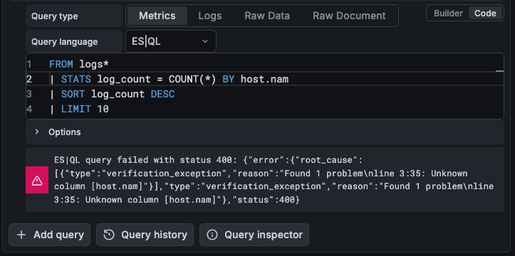 Grafana Elasticsearch plugin showing an inline ES|QL error message for an unknown column reference