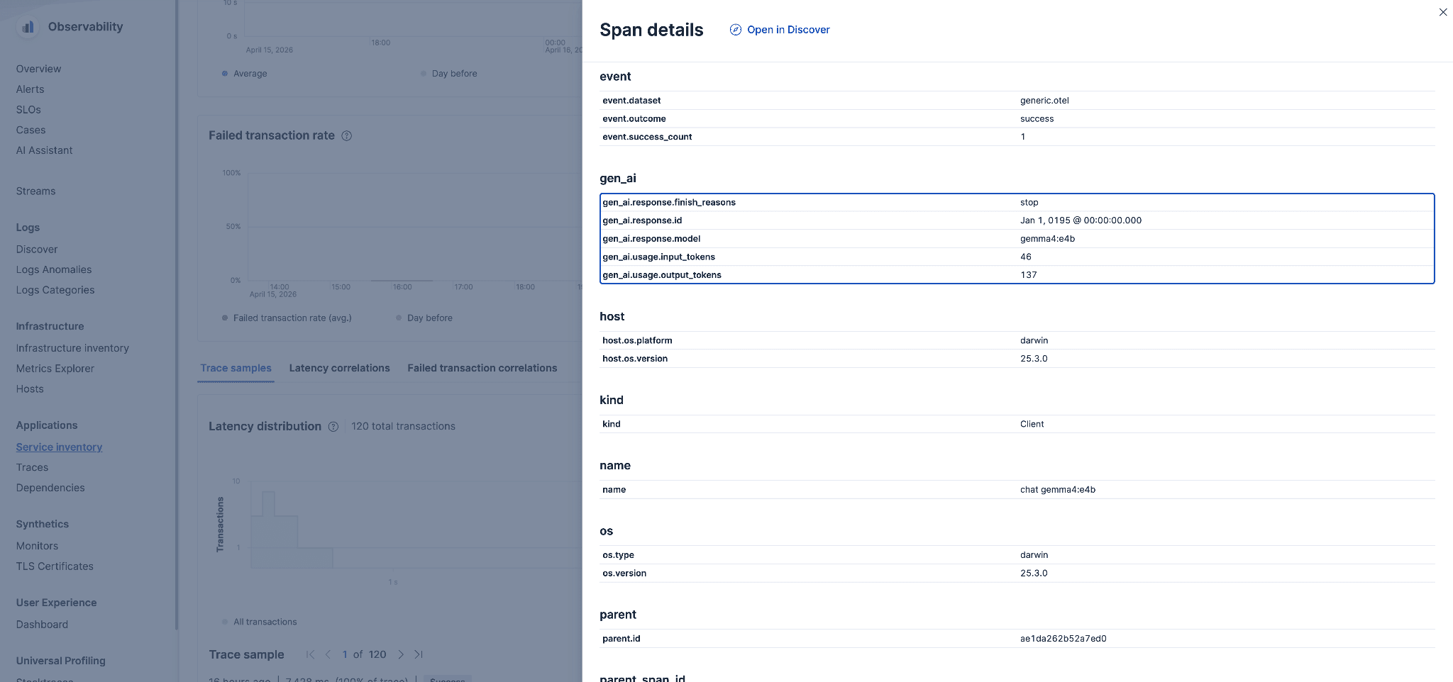 Kibana APM trace view showing a chat span with gen_ai.* attributes captured automatically by EDOT.