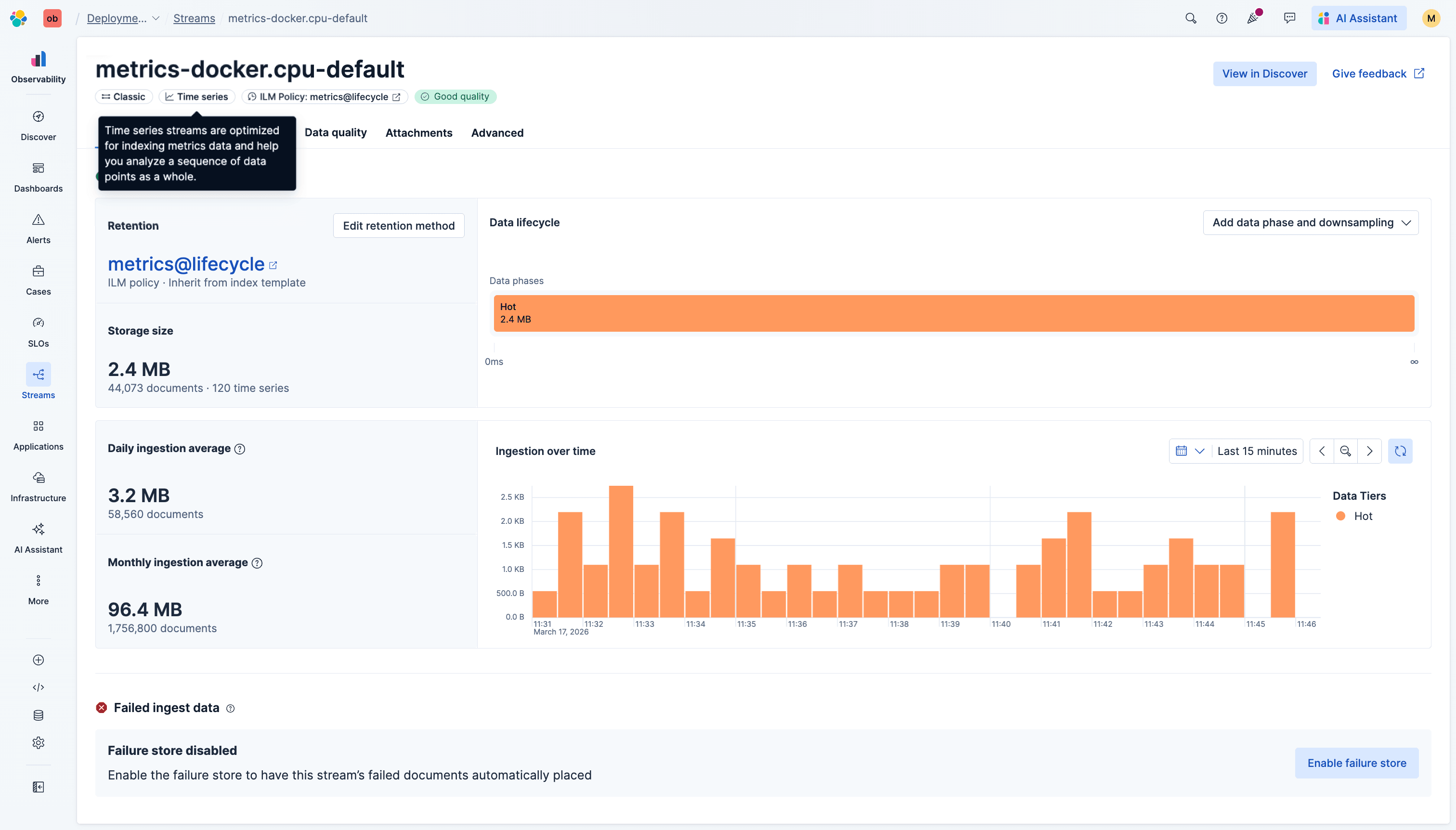 Streams detail page with Time series badge (top left) and View in Discover (top right)