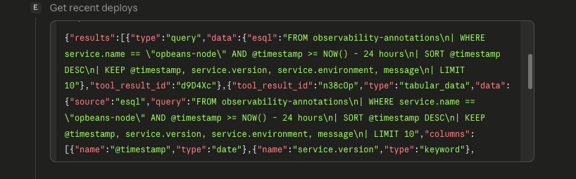 Agent calls get_recent_deploys and returns the recent deploy timeline for the service