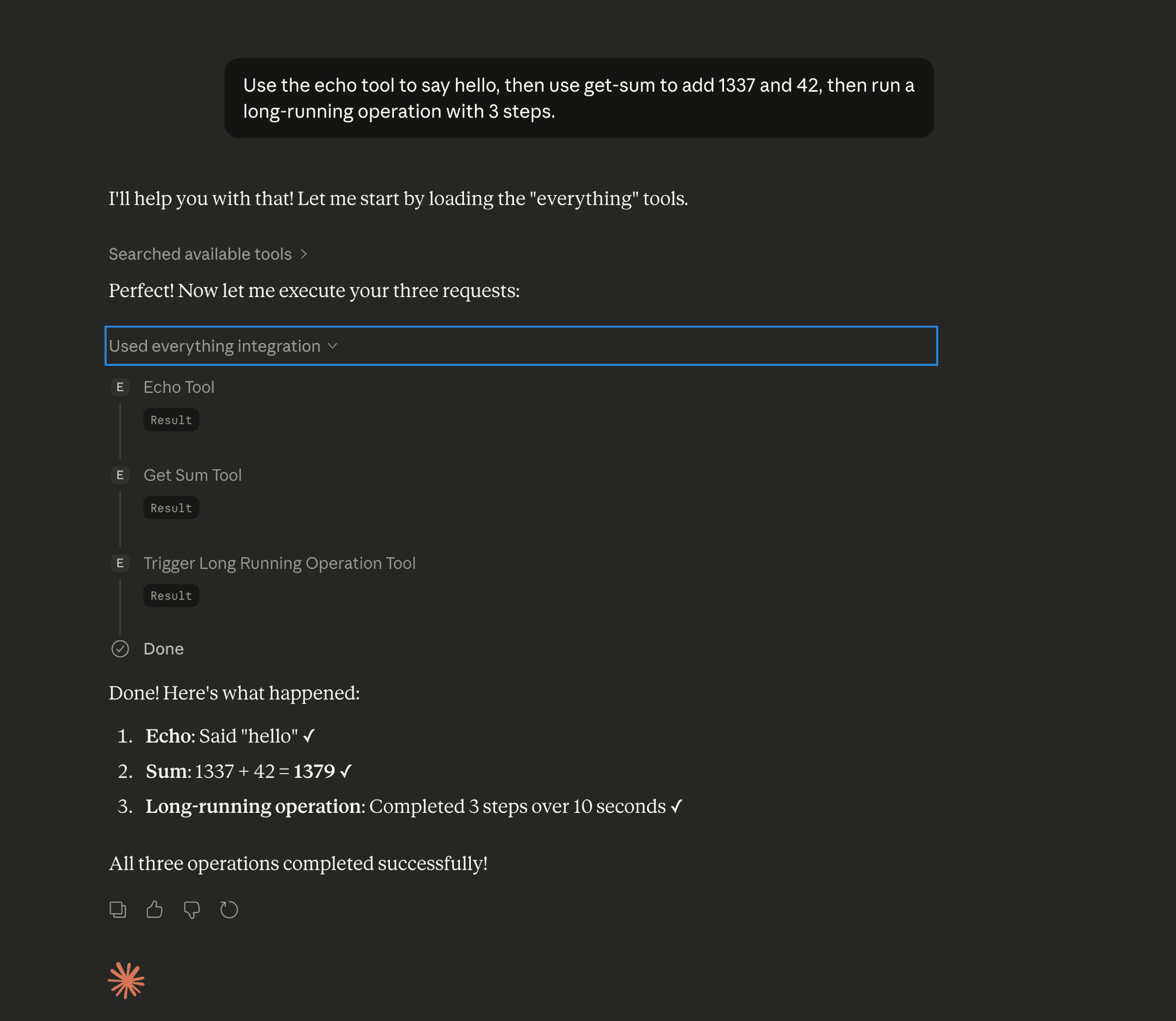 Claude Desktop conversation showing three tool calls executed in sequence: echo, get-sum, and trigger-long-running-operation, each with its result rendered inline