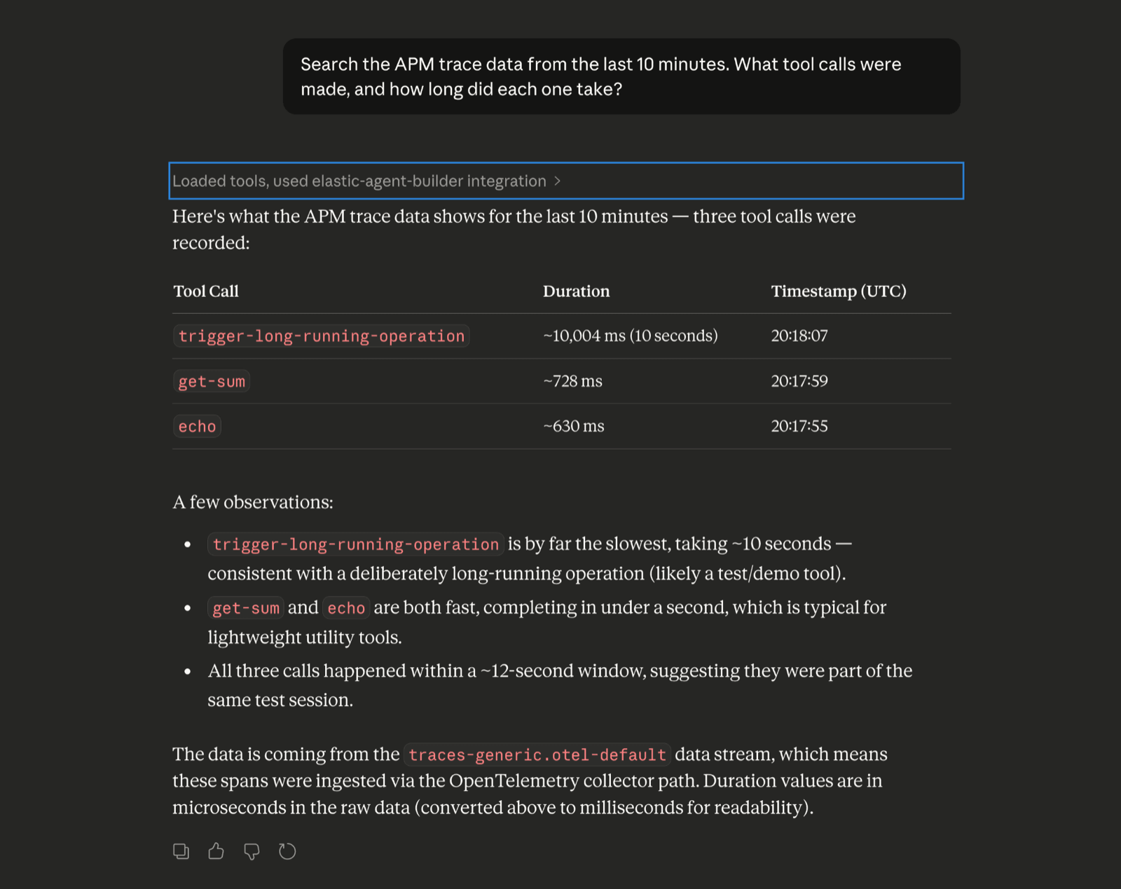 Claude Desktop chat where the model uses the Elastic Agent Builder MCP to run an ES|QL query against the APM traces index and reports tool names, durations, and status in natural language
