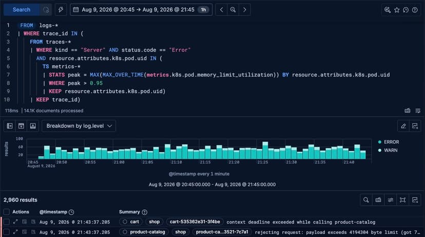 Correlate logs, metrics, and traces in one ES|QL query