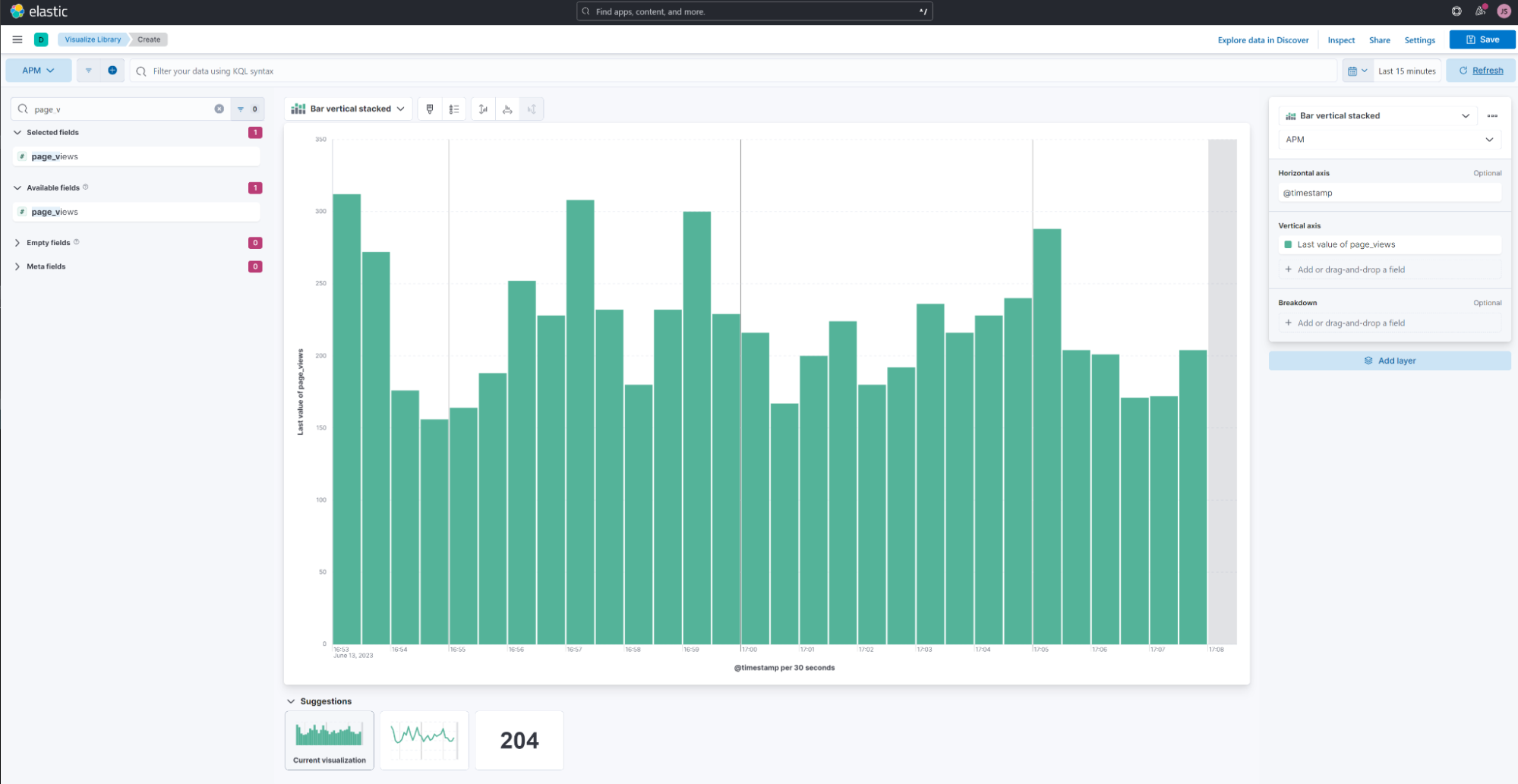 A 15-minute bar chart visualization of the page_views metric using Elastic APM