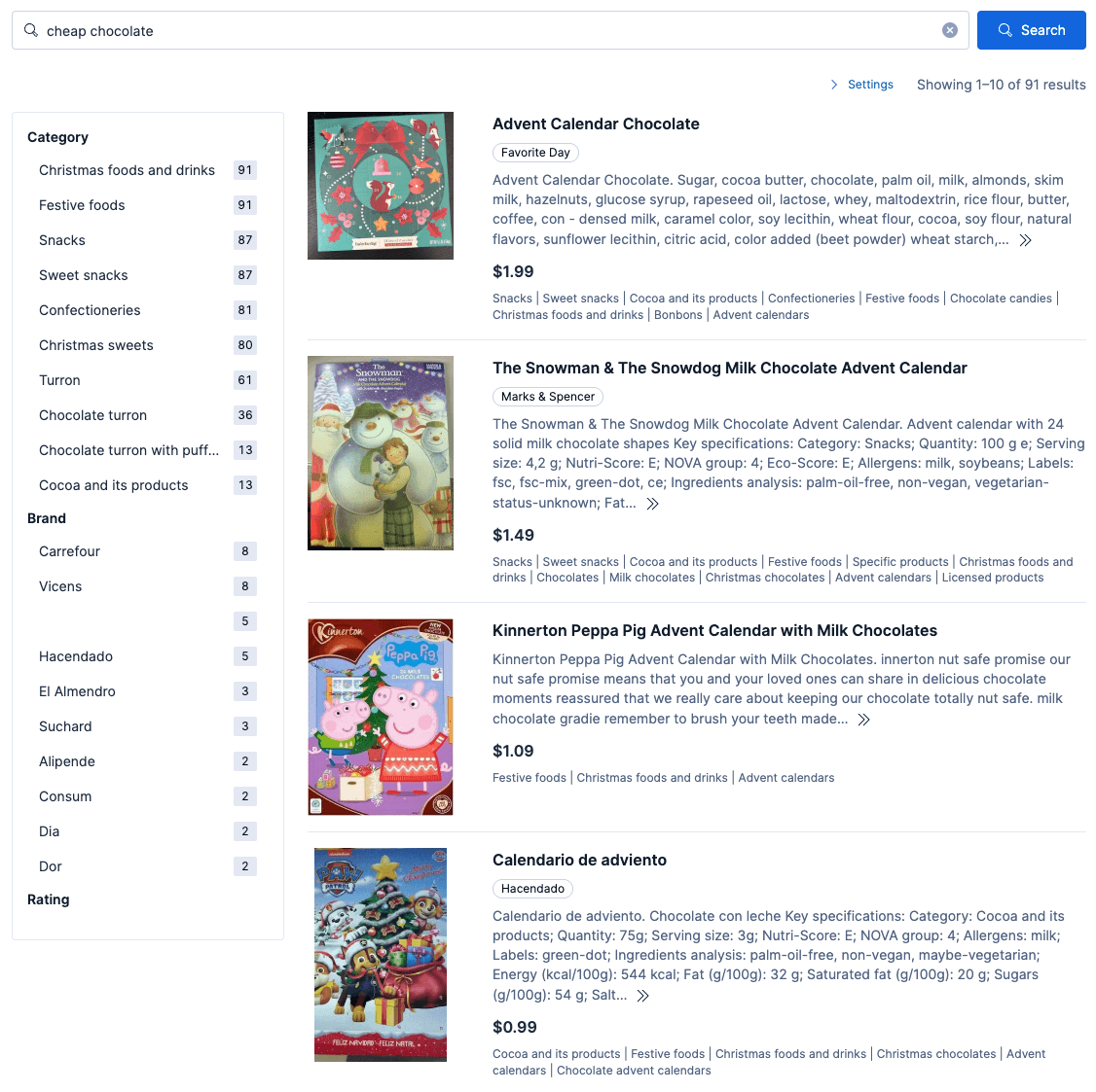 Search results page showing a query for “cheap chocolate,” with category and brand filters on the left and a list of chocolate advent calendar products with images, prices, and product details on the right.