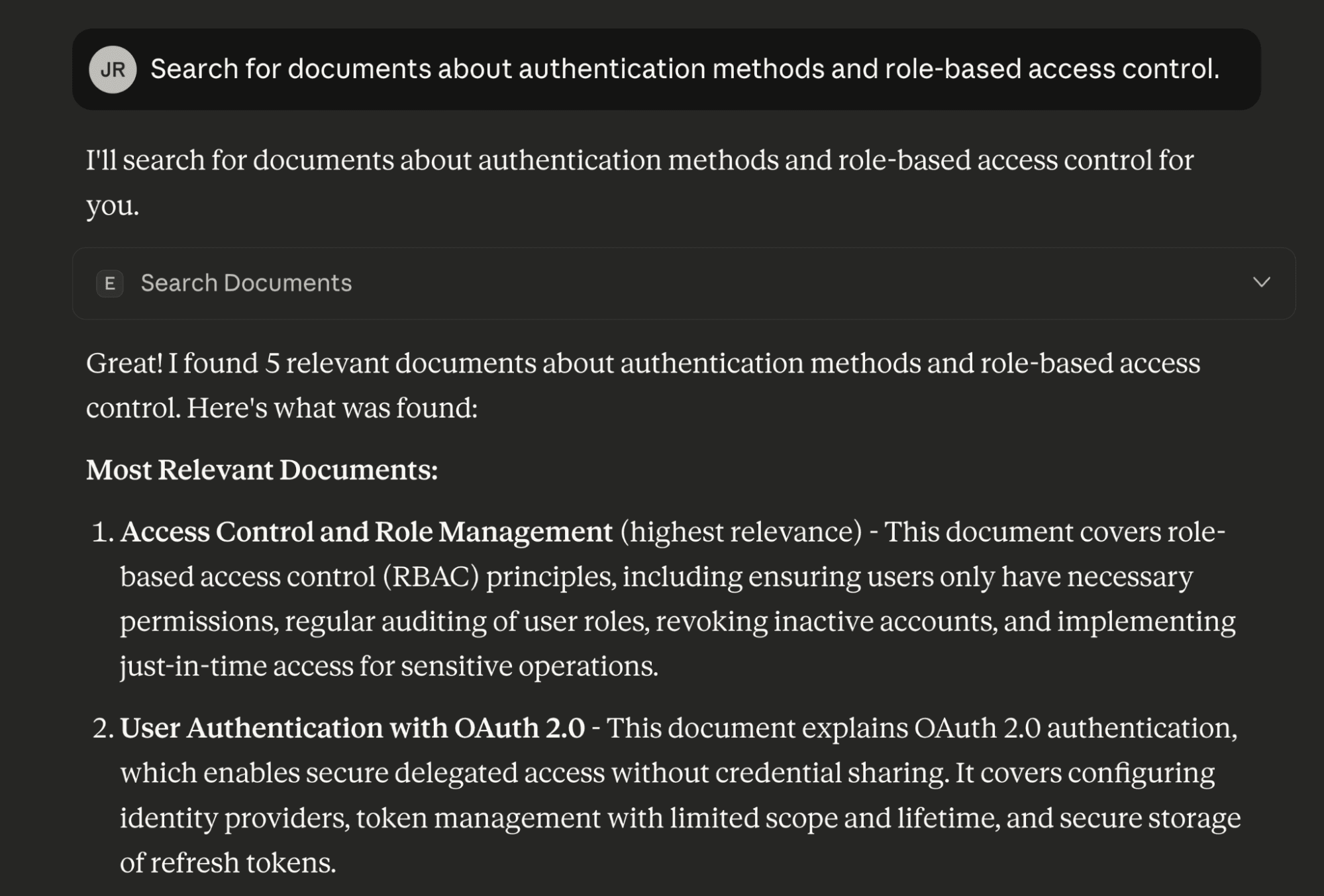 User search request in Claude Desktop chat for documents about authentication methods and role-based access control, along with Claude's responses.