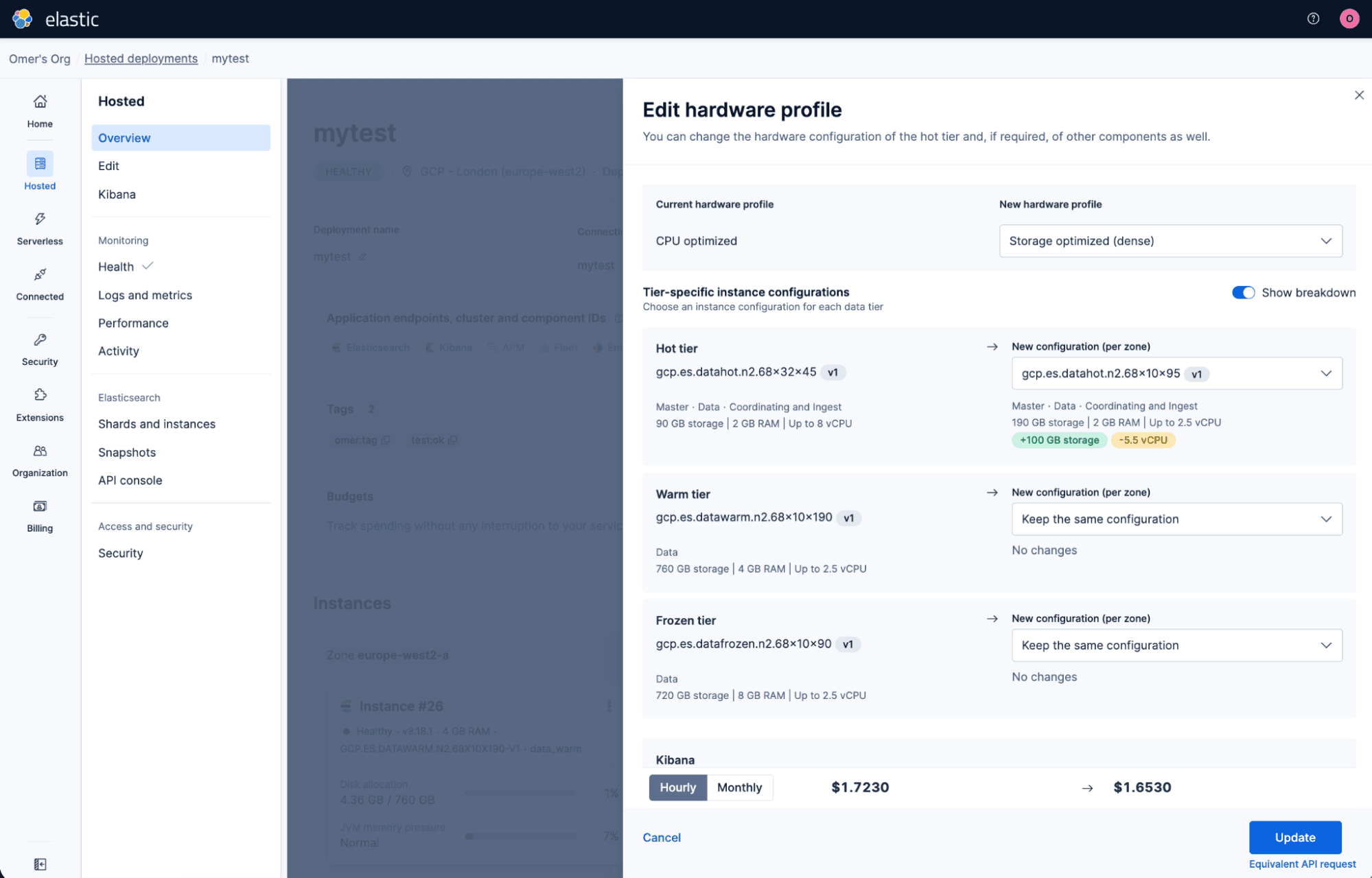 Elastic Cloud interface displaying the “Edit hardware profile” page for a deployment named “mytest.” The screen shows configuration details for hot, warm, and frozen tiers, comparing current and new hardware profiles, with pricing adjustments and Update and Cancel buttons at the bottom.