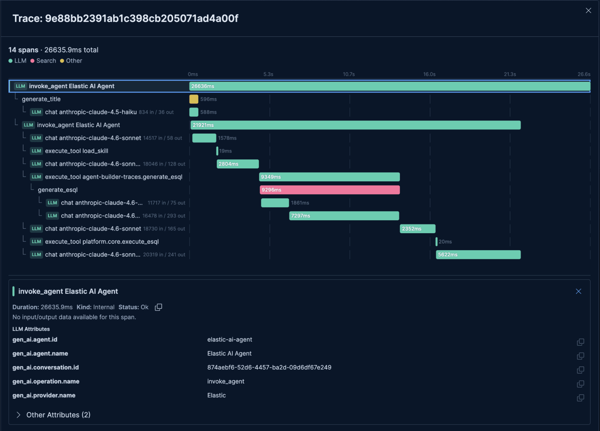 Waterfall view of an Agent Builder OTel trace showing span hierarchy, LLM call durations, and tool executions