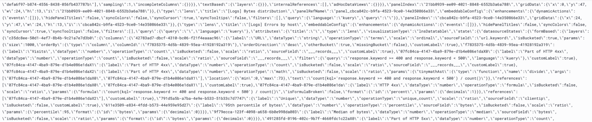 Screenshot showing a long JSON configuration string for a Kibana dashboard, containing nested objects and key‑value pairs that define visualization panels, labels, and metrics, such as “Bytes distribution,” “Errors by host,” and “Part of HTTP 4xx.”