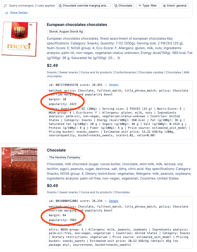A data interface displays two chocolate products, each with pricing, nutritional details, and metadata, with a focus on the margin and popularity fields for both products.