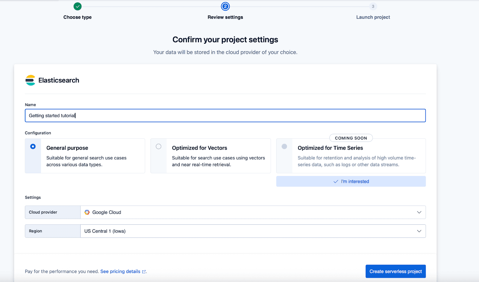 Confirm you Elasticsearch Serverless project settings