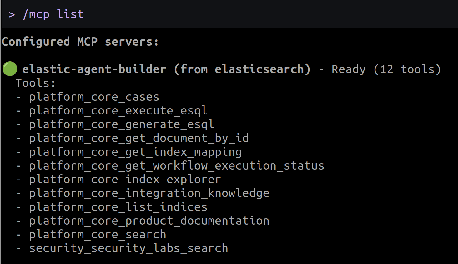 The `elastic-agent-builder` MCP server with the list of tools.