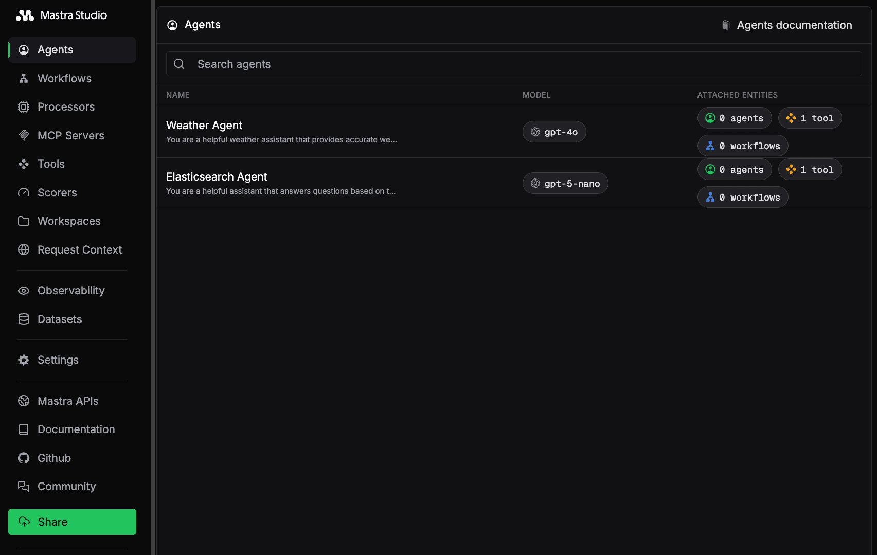 A screenshot of Mastra Studio with the Elasticsearch Agent example.