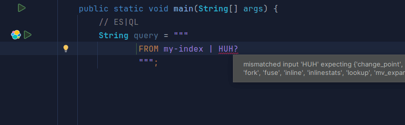 Java editor showing an ES|QL query with an invalid keyword after a pipe operator and a tooltip explaining the syntax error.