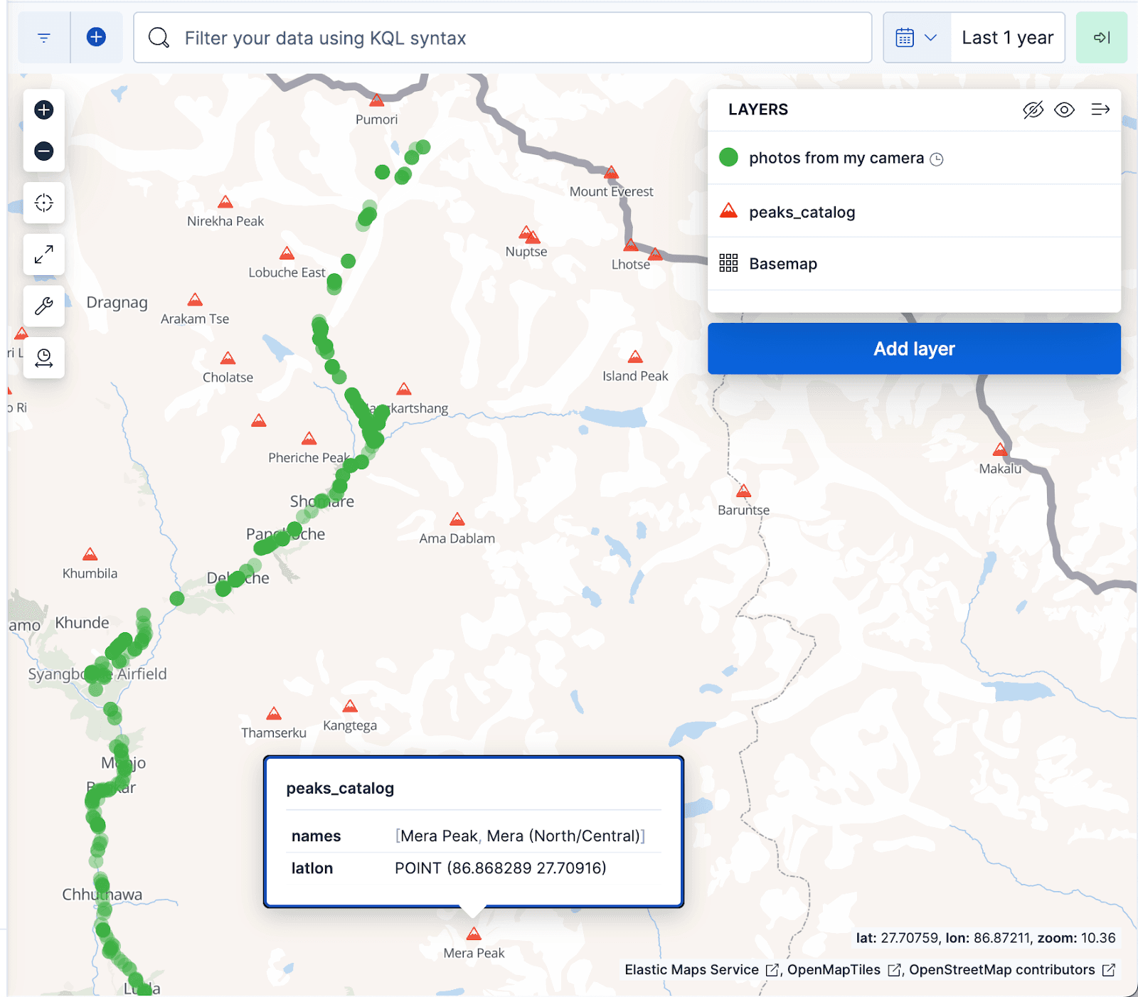 A Kibana maps visualization displaying documents from the photo album as green dots and mountain peaks from the peaks_catalog index as red triangles, with the green dots aligning well with the Everest Base Camp trek trail.