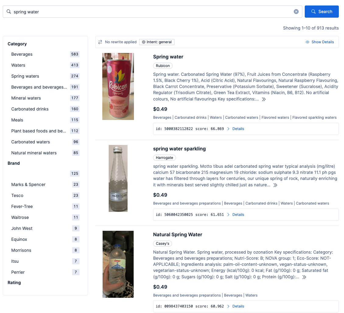 A webpage displays search results for “spring water”, showing a search bar, category and brand filters, and three product listings with details such as brand, composition, and price.