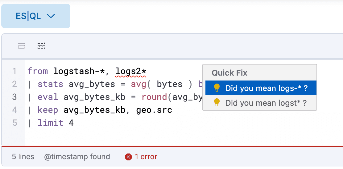 ES|QL kibana editor proposed fix to errors