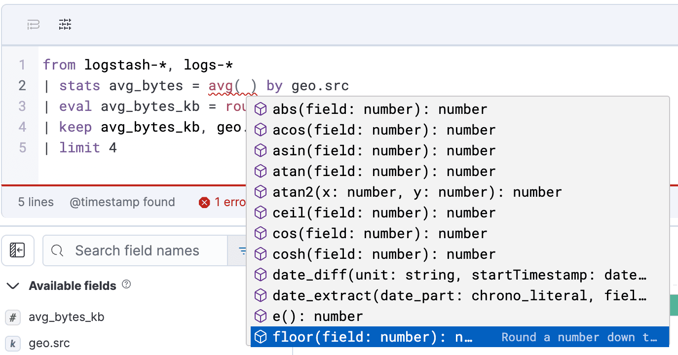 ES|QL Kibana auto-complete