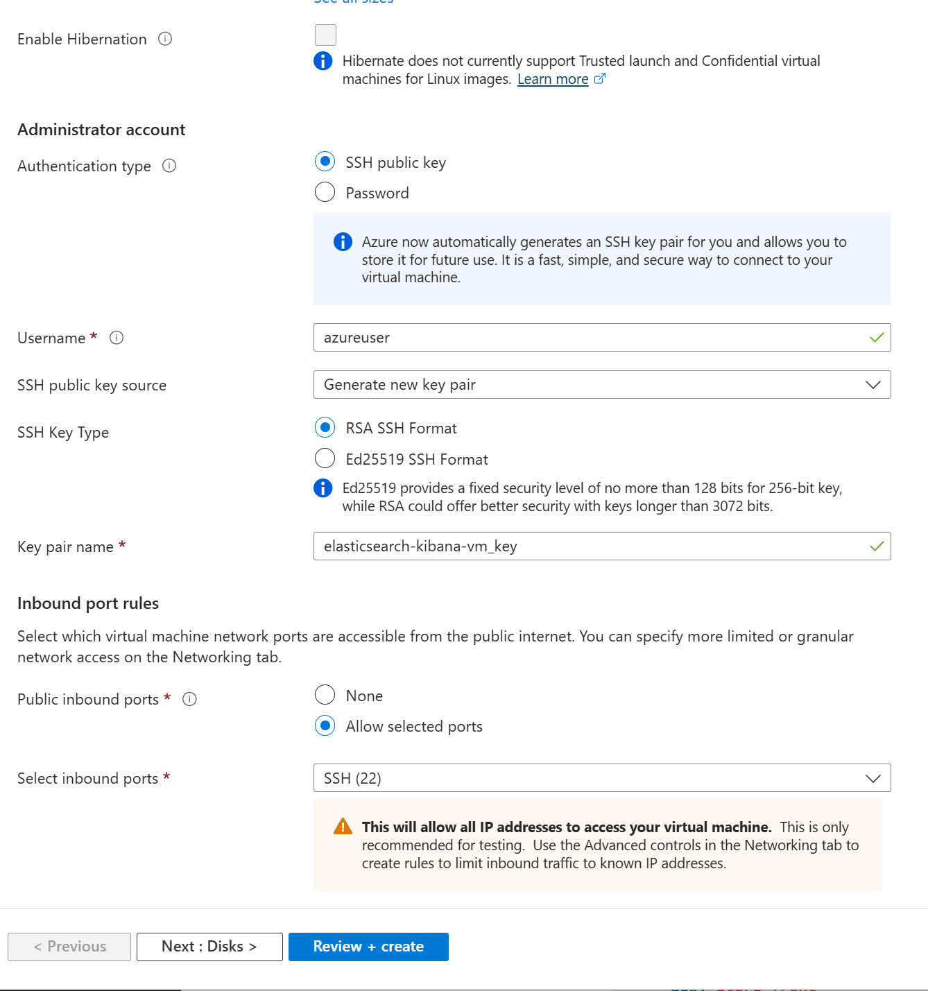 Default configuration to create a virtual machine in the Microsoft Azure portal.