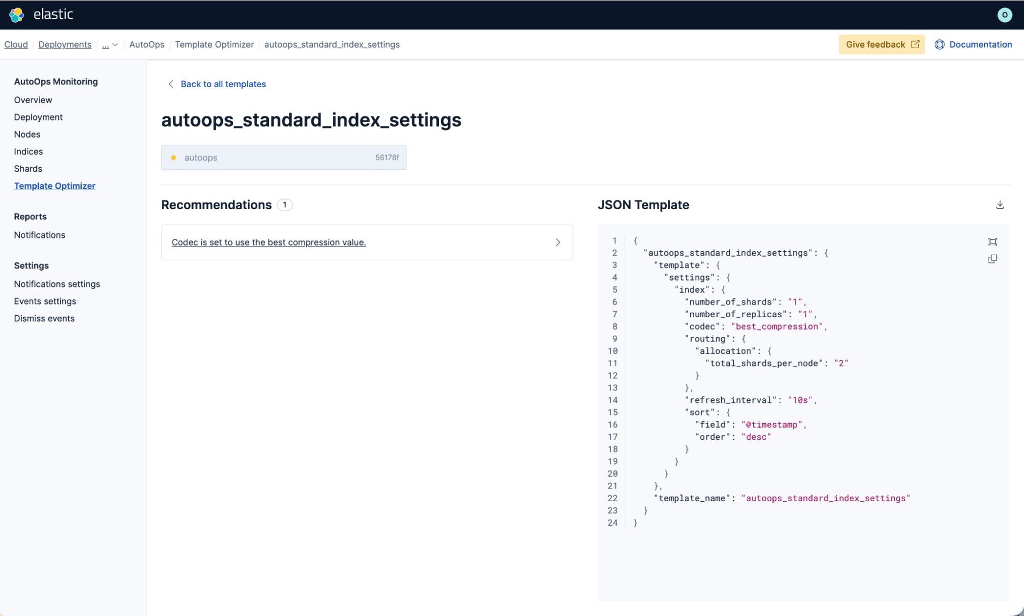 AutoOps Template Optimizer showing a codec compression recommendation alongside the full JSON template configuration for autoops_standard_index_settings