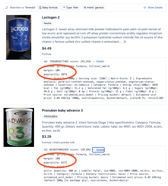 A data interface shows two baby formula products, with pricing, product details, and metadata, with a focus on the margin and popularity fields for both products.