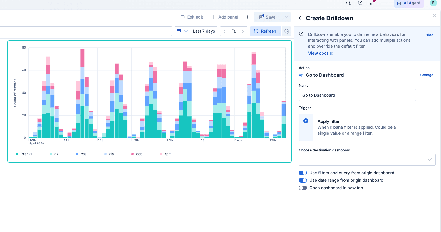Dashboard showing a stacked bar chart by date with color‑coded file types and a drilldown configuration panel on the right.