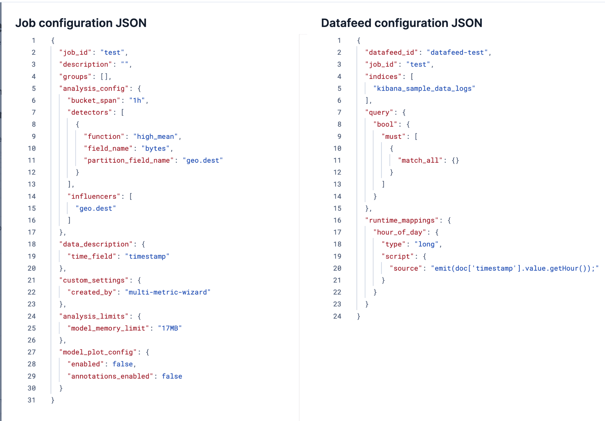 Side‑by‑side JSON showing an Elasticsearch ML job configuration and its matching datafeed configuration, including detectors, influencers, index selection, query, and runtime mappings.