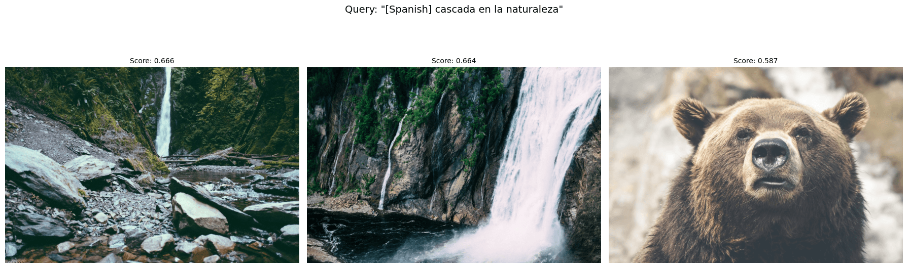 Search results for the Spanish query "cascada en la naturaleza" returning the same two waterfall photos and a brown bear as the English query, with scores of 0.666, 0.664, and 0.587.