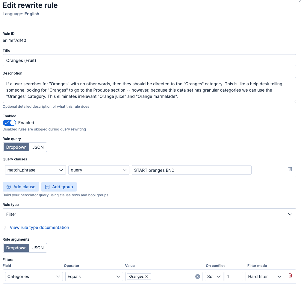 A screenshot of a rewrite rule editor showing a rule with an ID, title, description, and an enabled toggle, a rule query defined with a match_phrase condition for “START oranges END,” and a filter on the Categories field set to “Oranges,” with additional settings for conflict handling and filter mode.