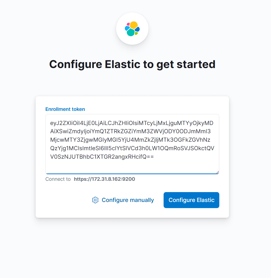 Configuring Elastic- pasting the Kibana enrollment token in Azure's Virtual Machine's public IP address.