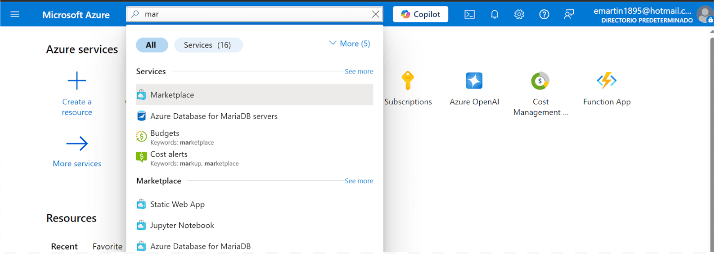 How to access the Azure marketplace.