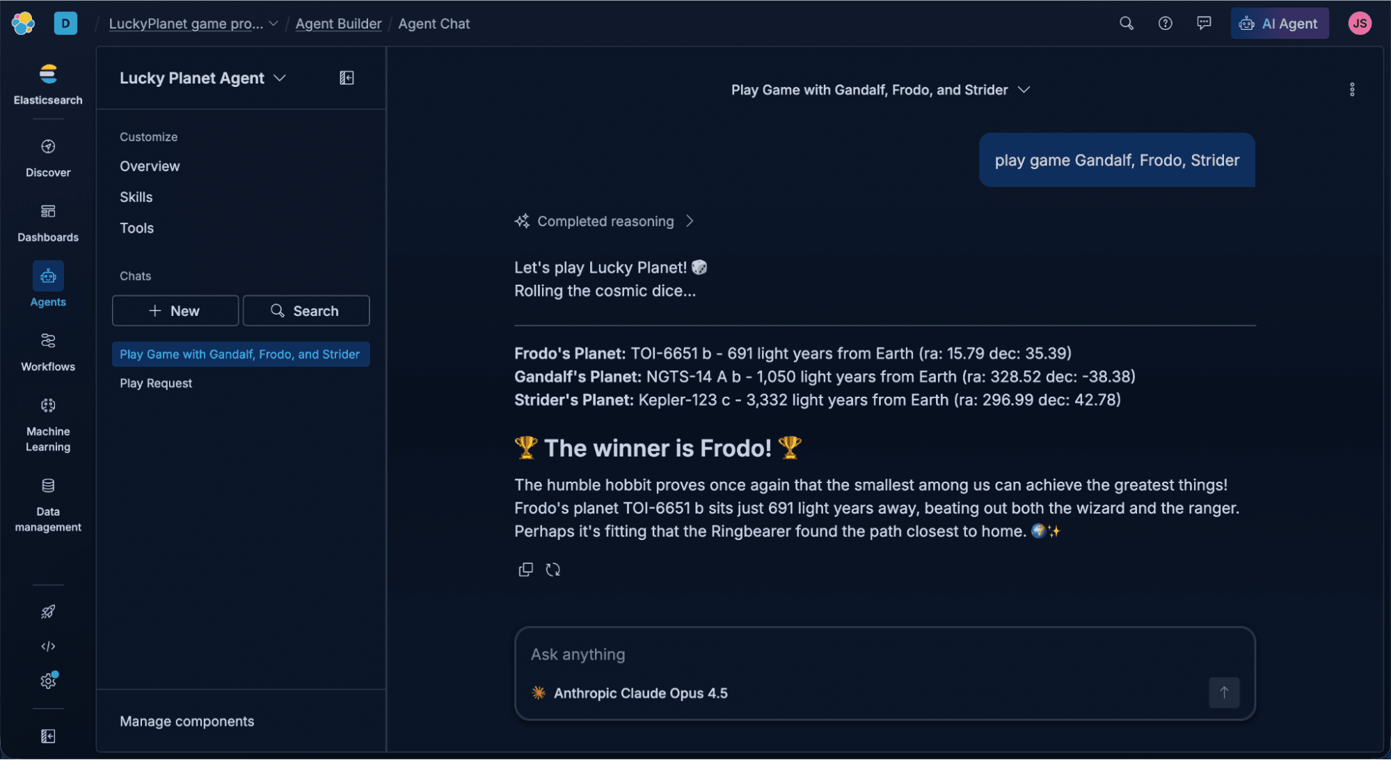 Screenshot of the Elastic AI Agent “Agent Chat” interface in dark mode, showing a conversation where the user plays a game with Gandalf, Frodo, and Strider. The chat displays the agent’s completed reasoning, listing each character’s assigned planet with distances from Earth and coordinates. The message announces Frodo as the winner and includes a short narrative celebrating his victory.