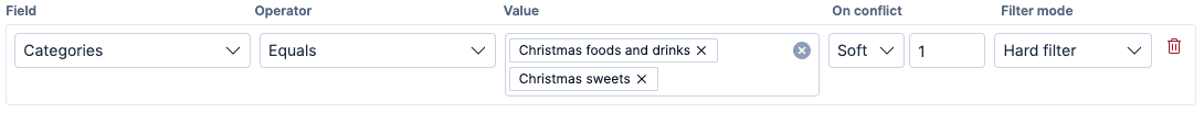 User interface showing a search policy rule with field set to Categories, operator set to Equals, values “Christmas foods and drinks” and “Christmas sweets,” conflict handling set to Soft with priority 1, and filter mode set to Hard filter.