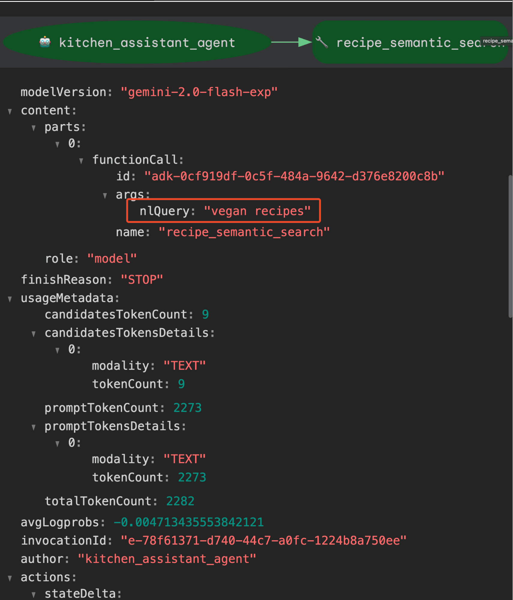 Code interface showing connected nodes labeled kitchen_assistant_agent and recipe_semantic_search, with a focus on the line “nlQuery: ‘vegan recipes’” highlighted in red within structured data detailing model version.