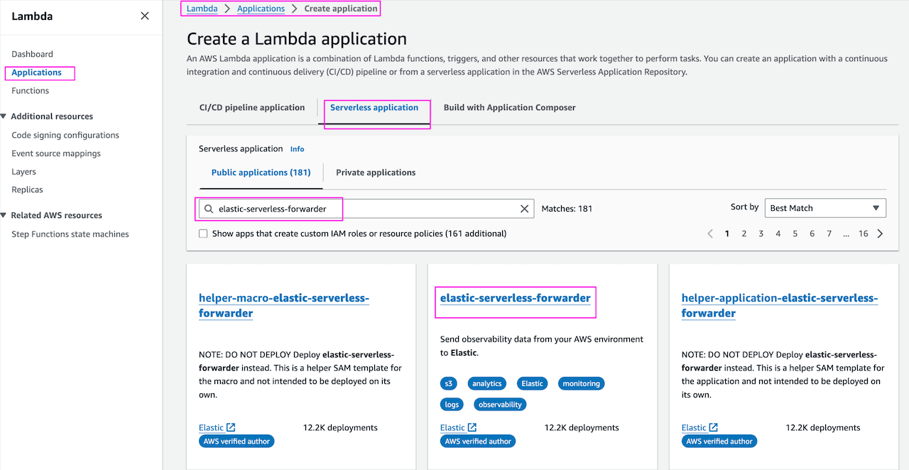 search for elastic-serverless-forwarder