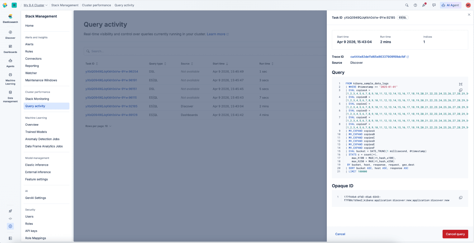 A screenshot of the Stack Management Query activity view showing a table of recent queries on the left and detailed information for a selected query on the right, including task metadata and a multi‑line ES|QL query.