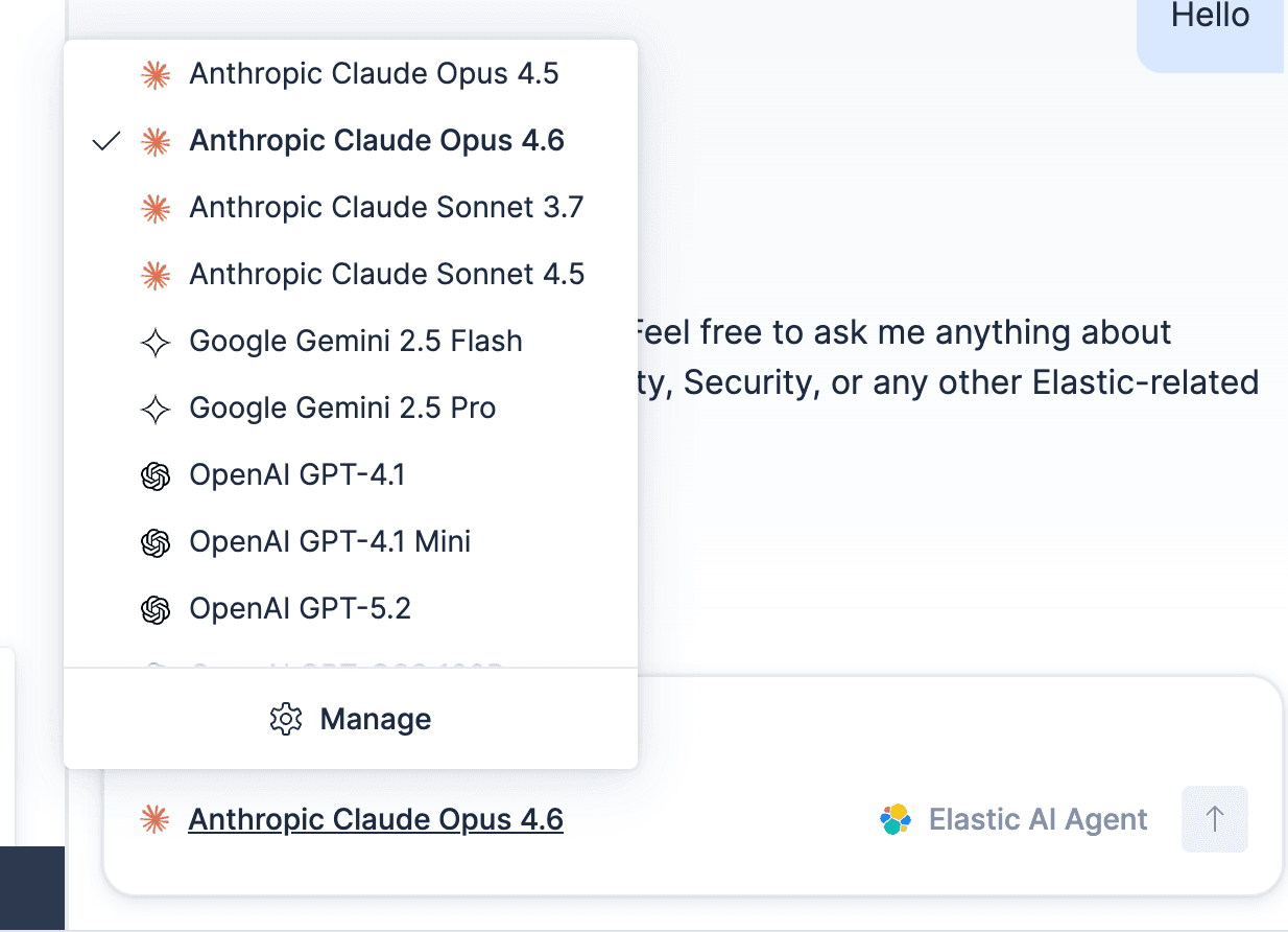 Dropdown menu showing multiple AI model options from Anthropic, Google, and OpenAI, with “Anthropic Claude Opus 4.6” selected and displayed alongside the Elastic interface.