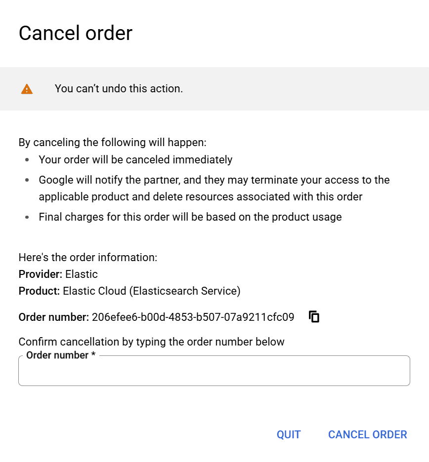Cancel Elastic Cloud order cancelation on Google Cloud Marketplace