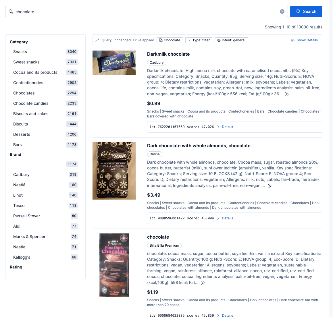 A web page shows search results for “chocolate”, with category and brand filters on the left and three chocolate product listings with descriptions, prices, and specifications.
