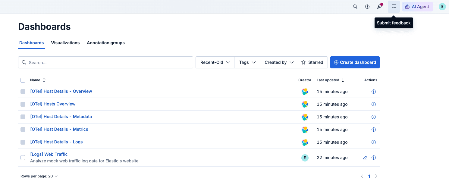 Interface showing a dashboards management page with a Submit feedback option, along with navigation tabs, search and filter options, a “Create dashboard” button, and a single listed dashboard entry with its creator and last‑updated time.