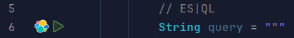 Code editor showing an ES|QL comment and a string variable being initialized for a query, with the Elastic icon in the gutter.