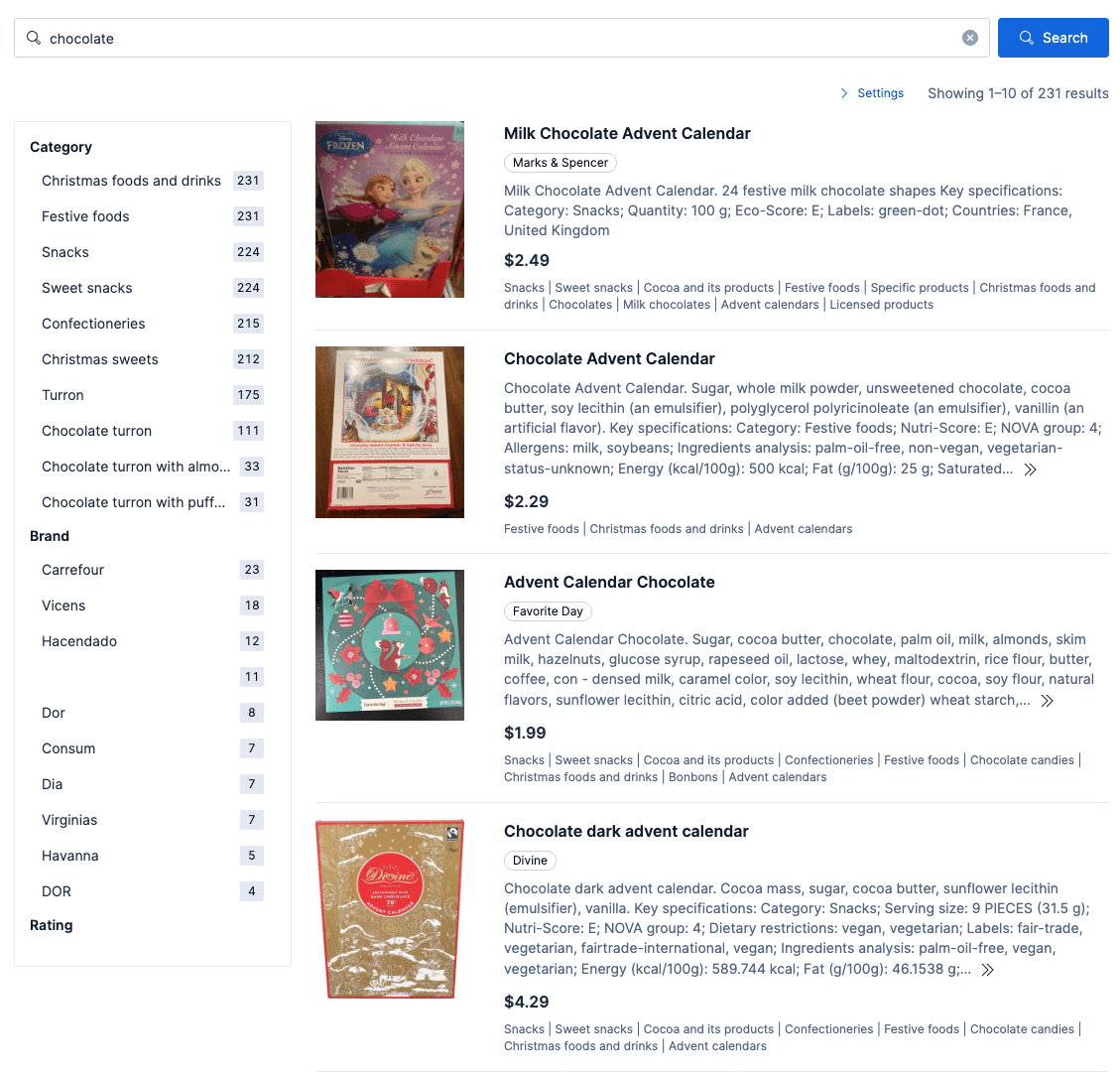 Search results page showing a query for “chocolate” with category and brand filters on the left and a list of chocolate advent calendar products with images, prices, categories, and descriptions on the right.