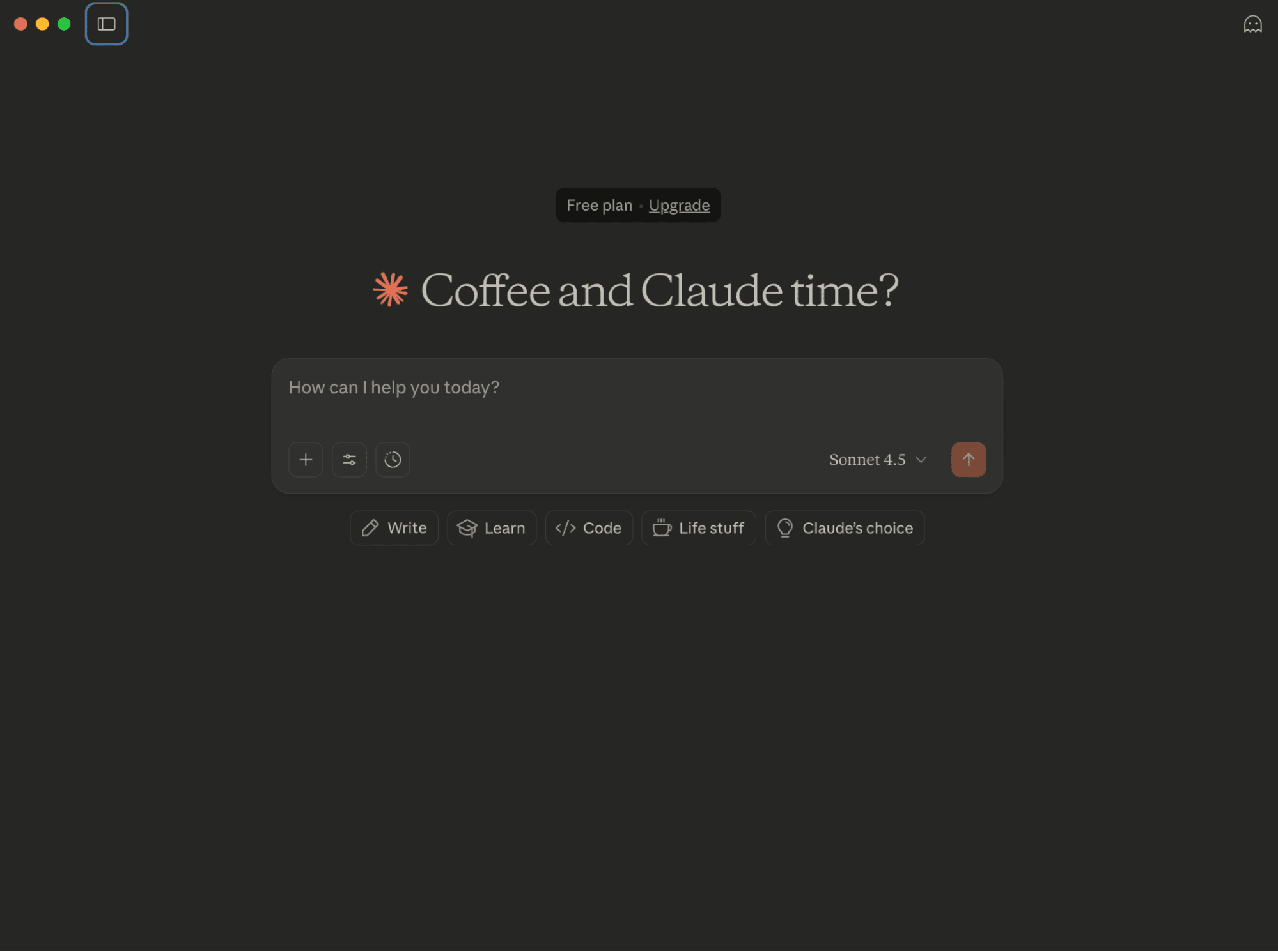Claude 4.5 Sonnet page, with the note, "Coffee and Claude time? How can I help you today?"