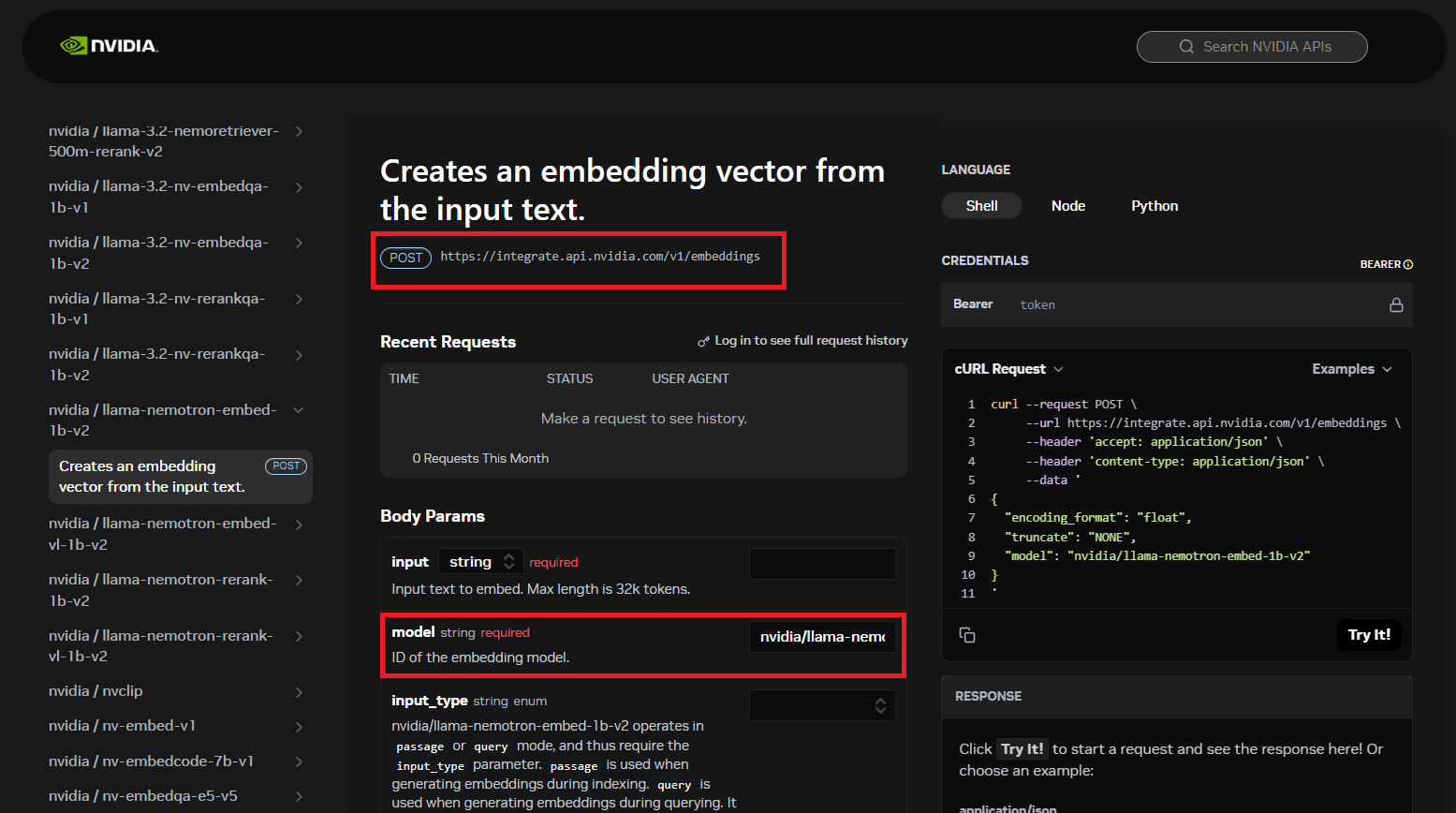 NVIDIA embedding API reference showing the POST endpoint and model parameter for llama-nemotron-embed-1b-v2