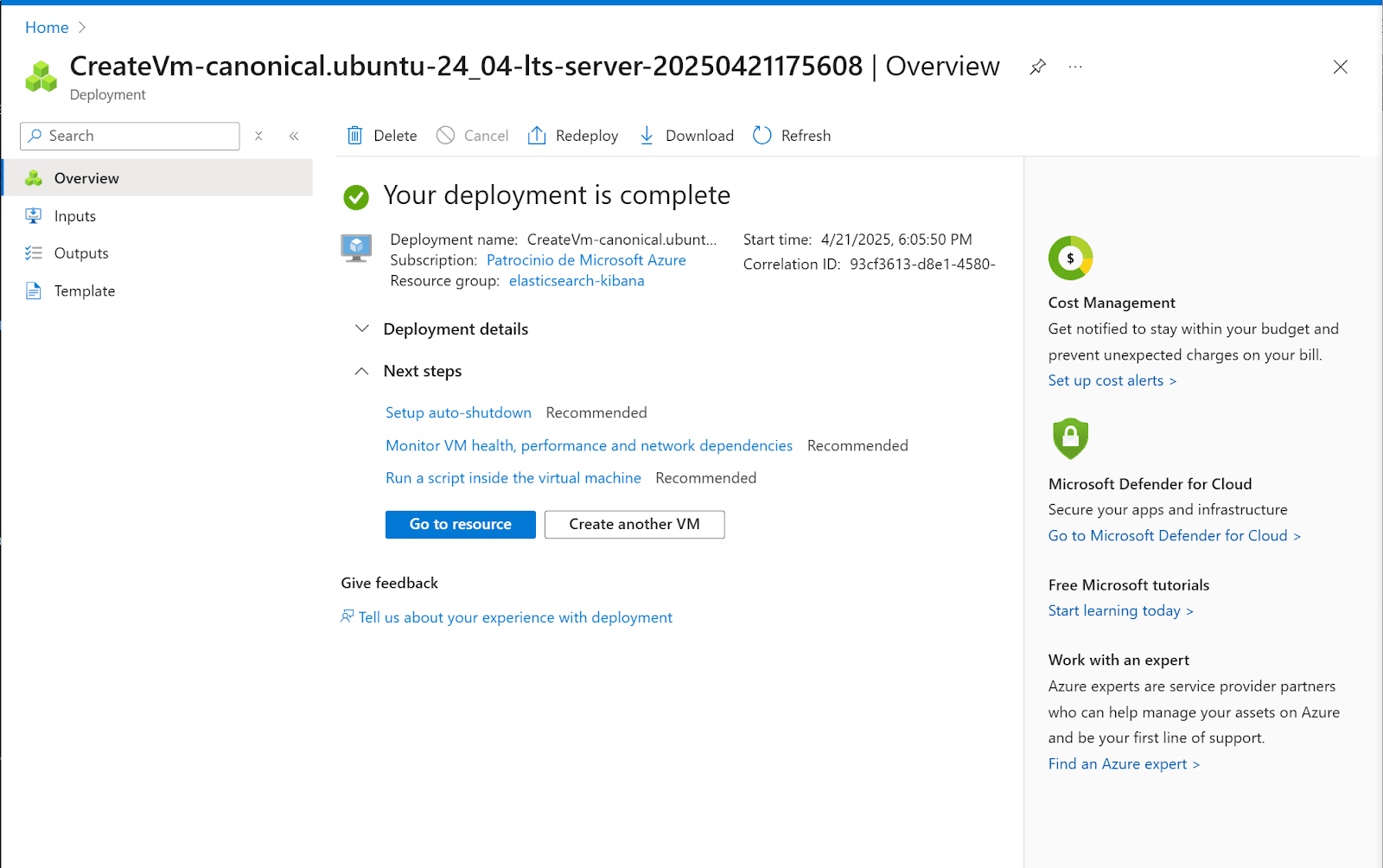 Deployment complete message in Microsoft Azure