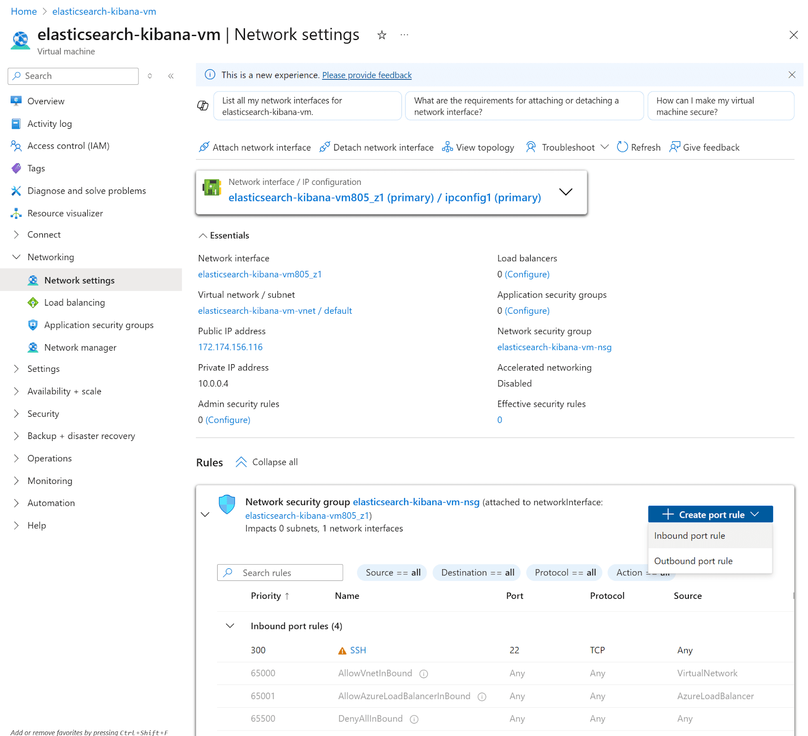 Creating an in inbound port rule to to connect to Kibana.